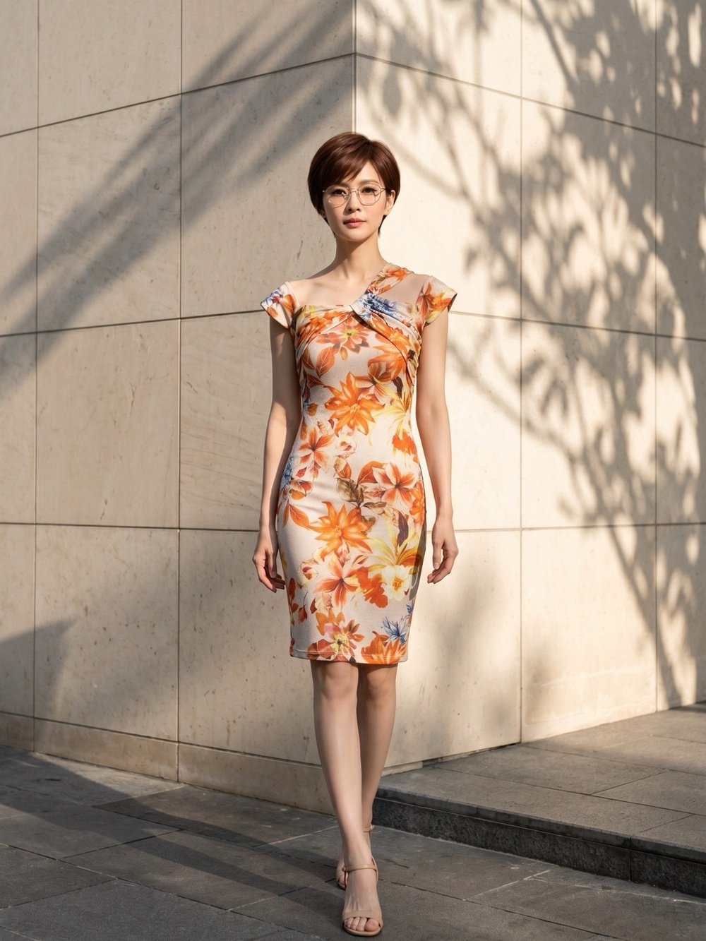2334 - Guess Orange Floral Twist-Neck Mini Dress